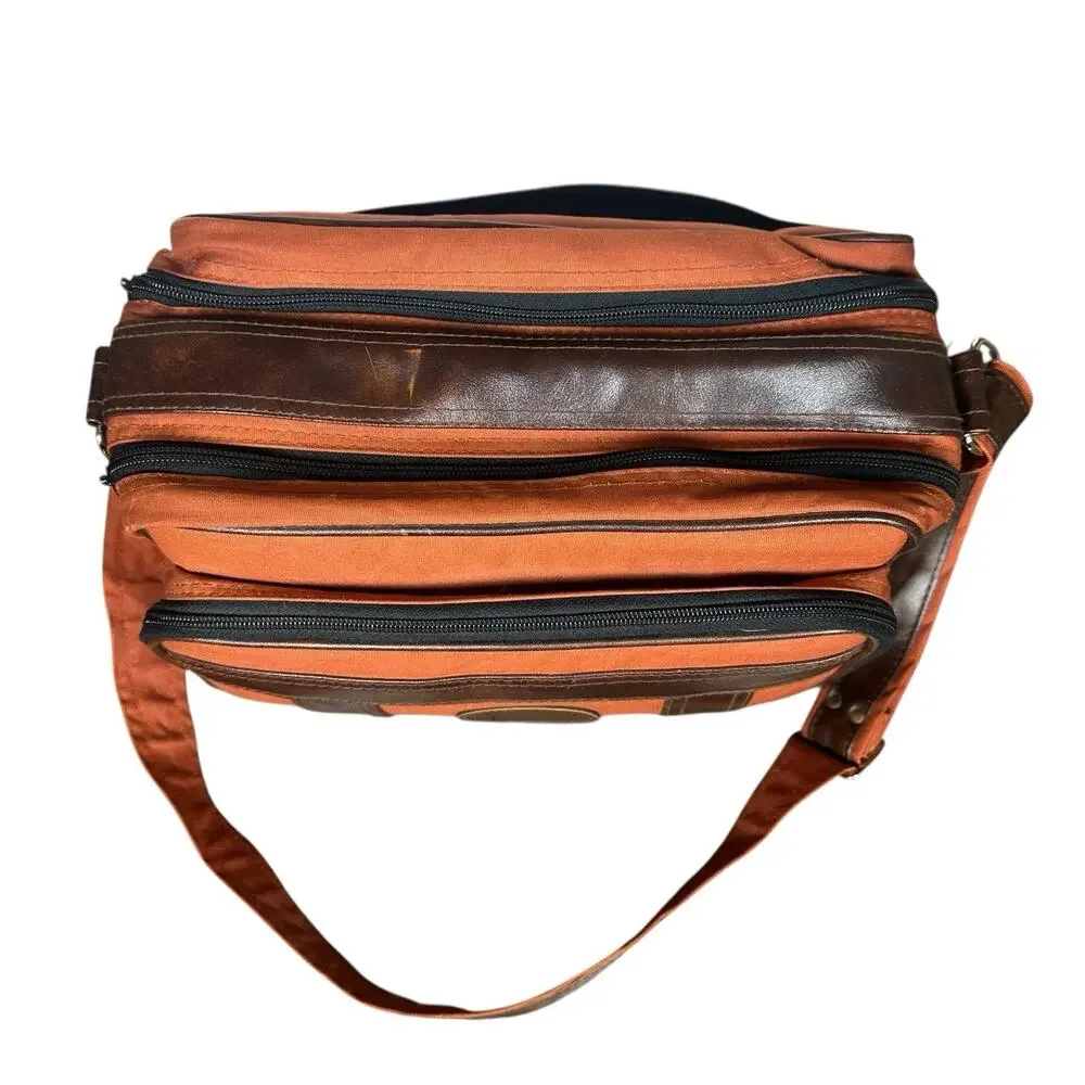 Vtg Camera Bag Orangish Brown Canvas Faux Leather Trim Padded Case Strap 12x7.5